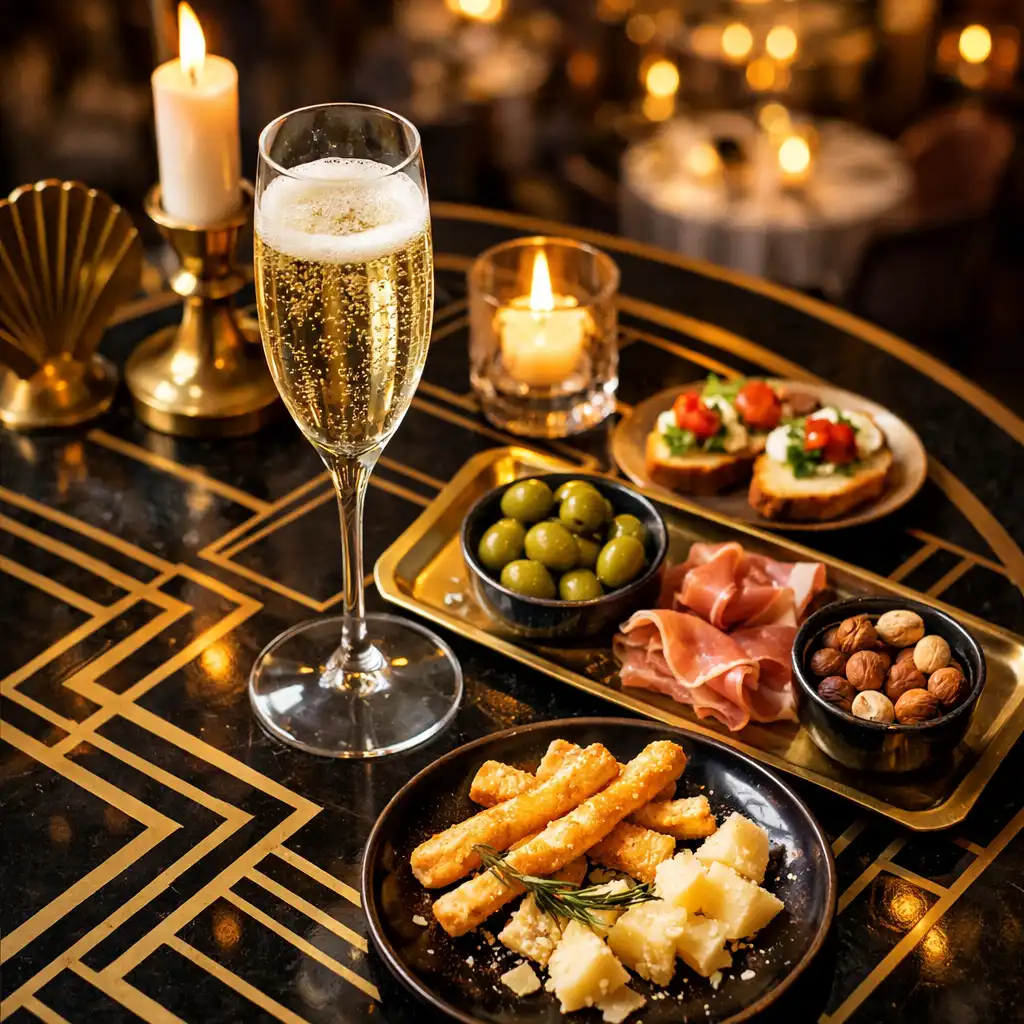 Kieliszek prosecco i przekąski na eleganckim stole w stylu Art Deco
