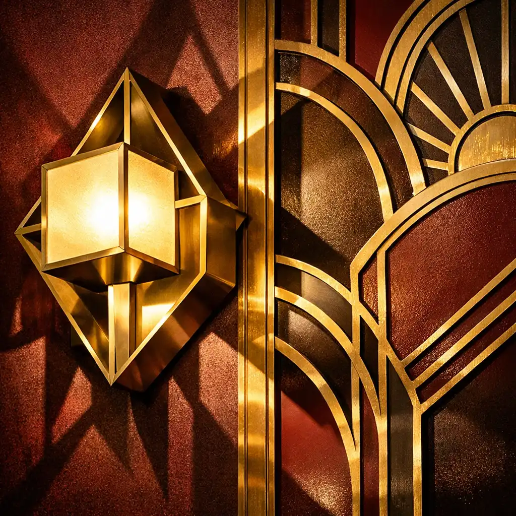 Mosiężna lampa geometryczna i fragment ściany z wzorem Art Deco