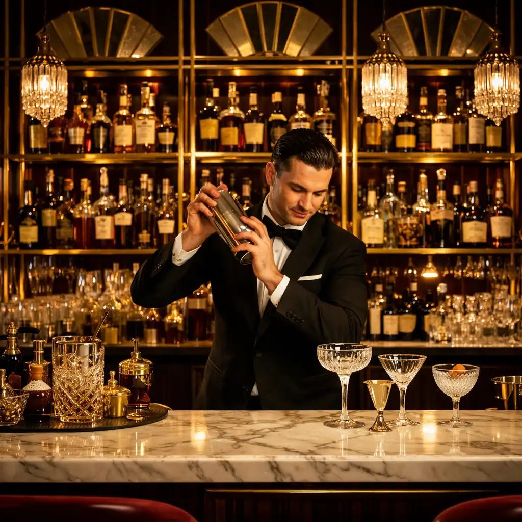Bar w stylu Art Deco z marmurowym blatem, mosiężnymi półkami i barmanem przygotowującym koktajl