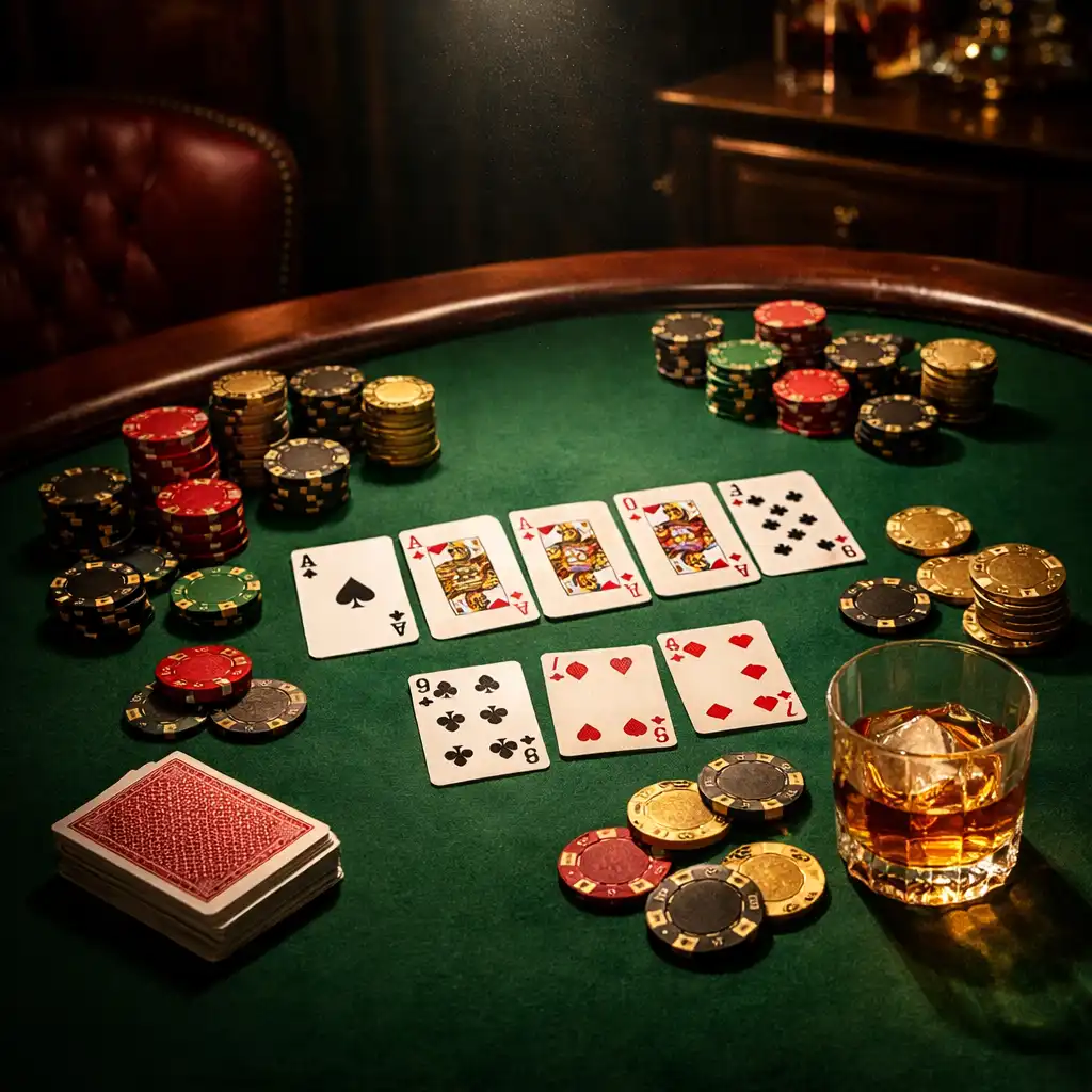 Stół pokerowy z zielonym suknem, kartami, żetonami i kieliszkiem whisky