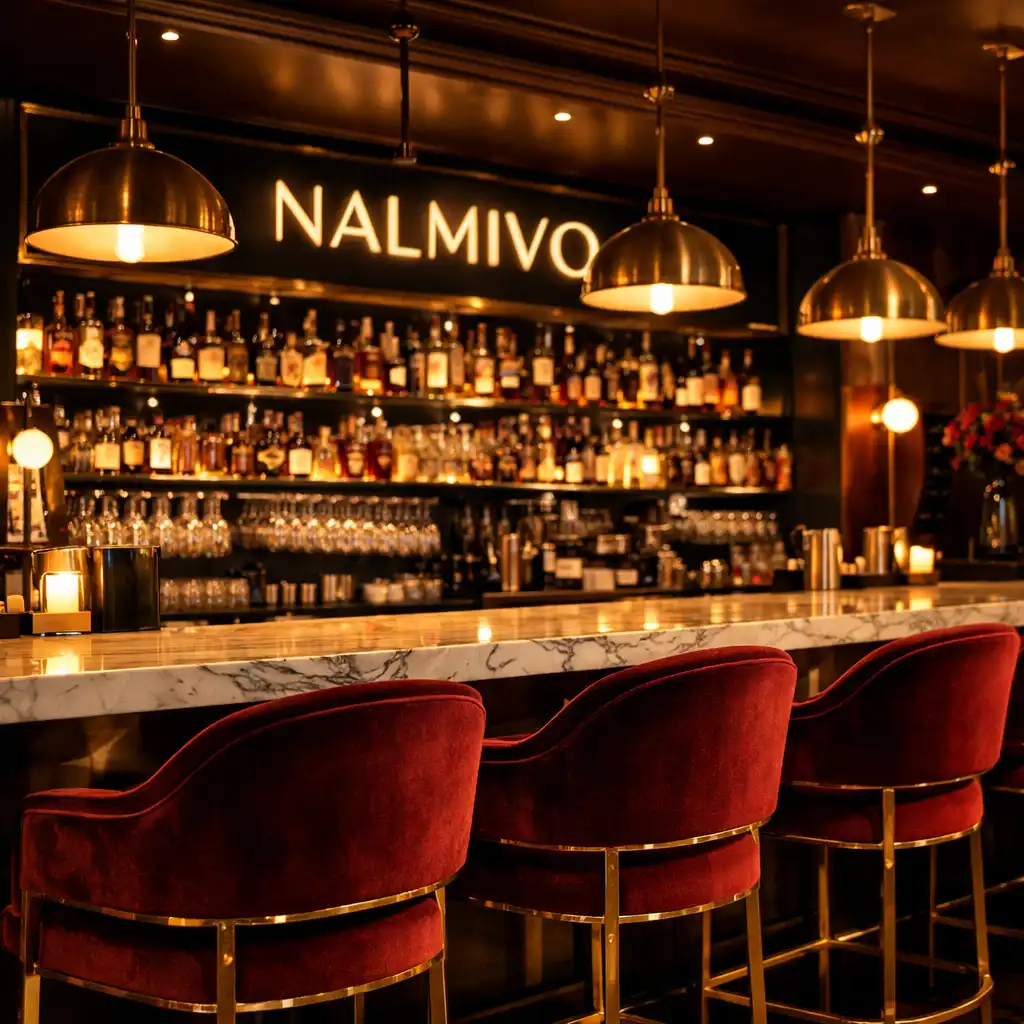 Główna sala restauracji NALMIVO z barem, marmurowym blatem i mosiężnymi lampami