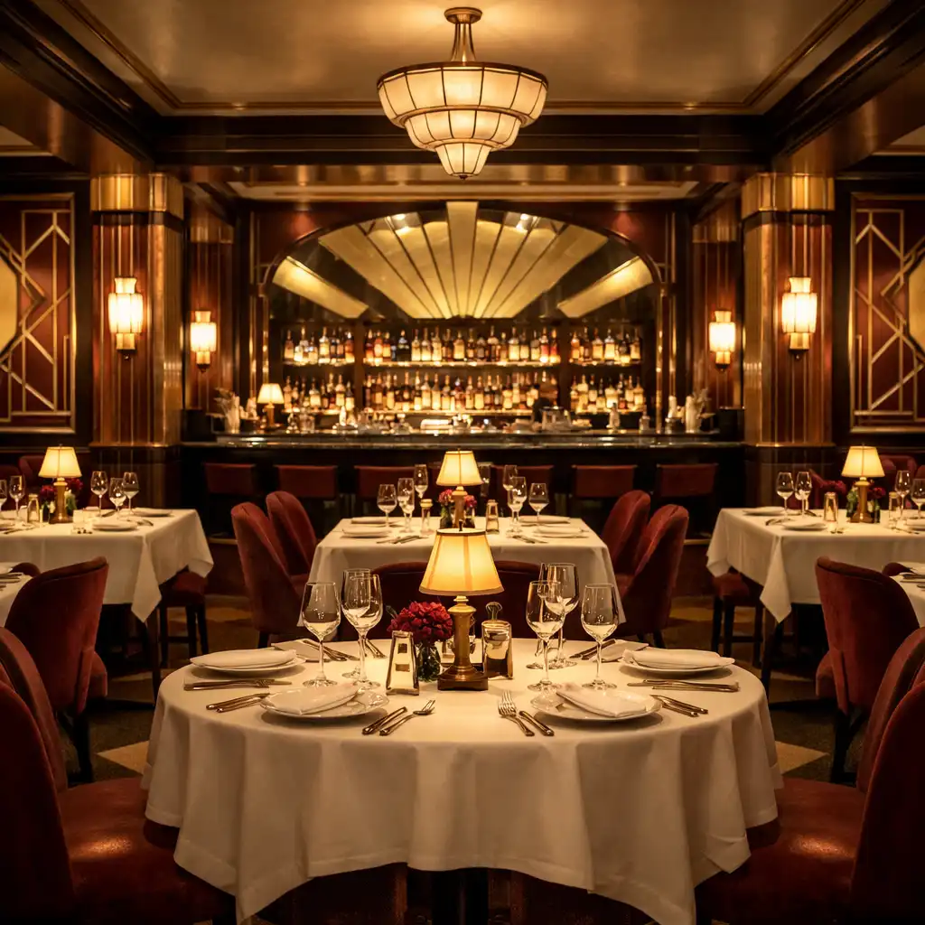 Eleganckie wnętrze restauracji NALMIVO w stylu Art Deco z ciepłym oświetleniem