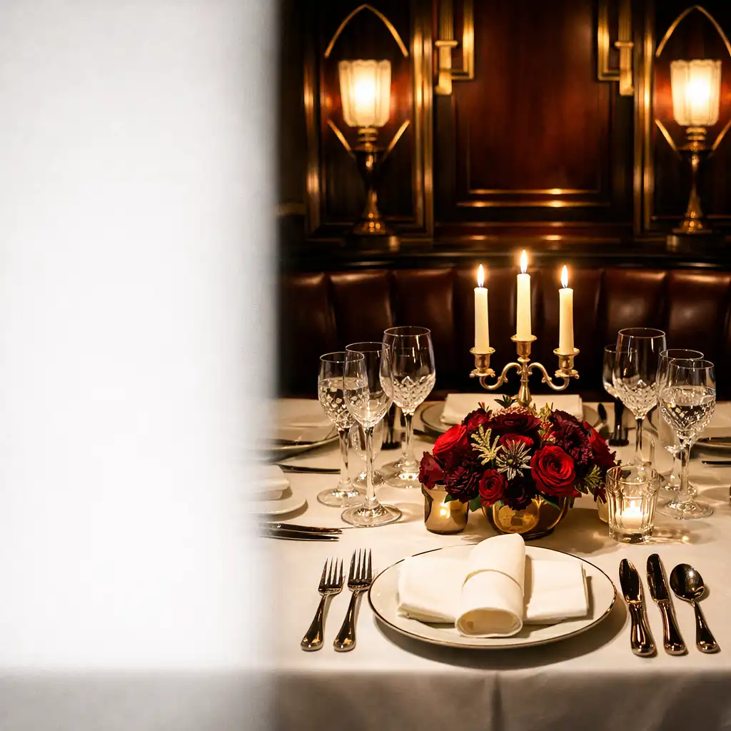 Elegancko nakryty stół w restauracji NALMIVO z kryształowymi kieliszkami i świecami