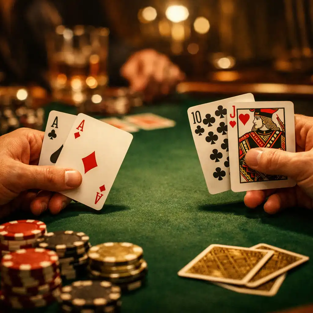 Zbliżenie na ręce graczy trzymających karty przy stole pokerowym, zielone sukno i żetony