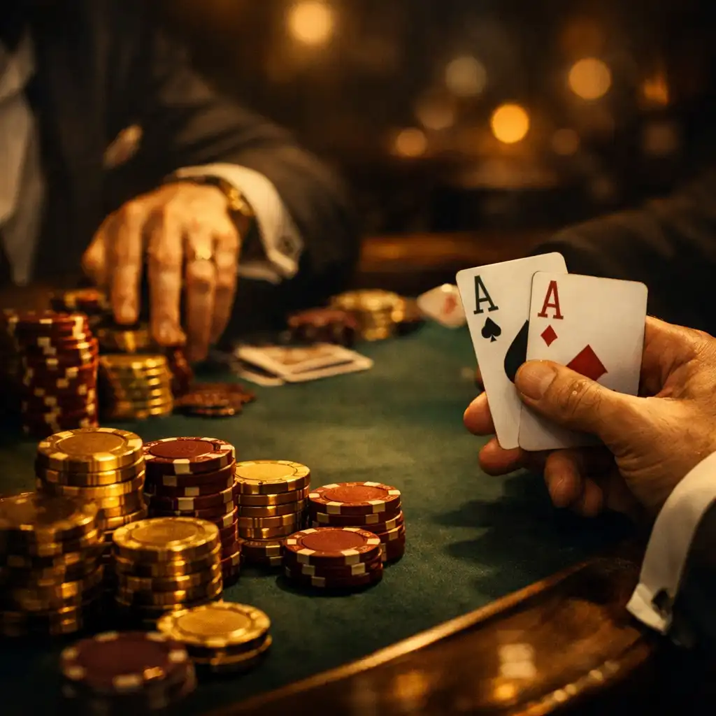 Zbliżenie na dłonie graczy trzymających karty przy stole pokerowym