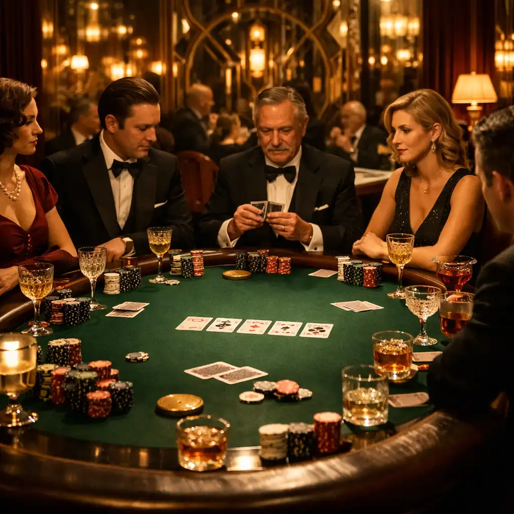 Elegancki stół pokerowy w stylu Art Deco z zielonym suknem, mosiężnymi lampami i żetonami