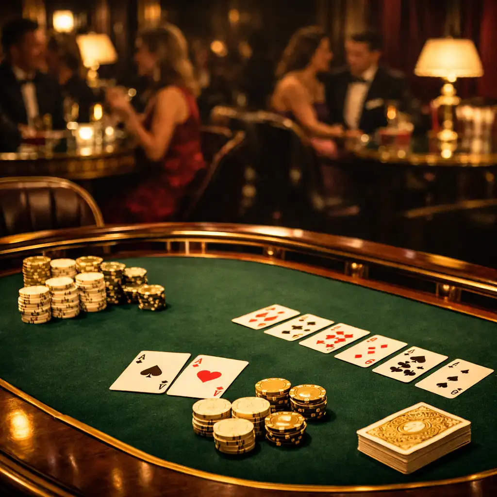 Elegancki stół pokerowy w restauracji Art Deco z kartami i żetonami