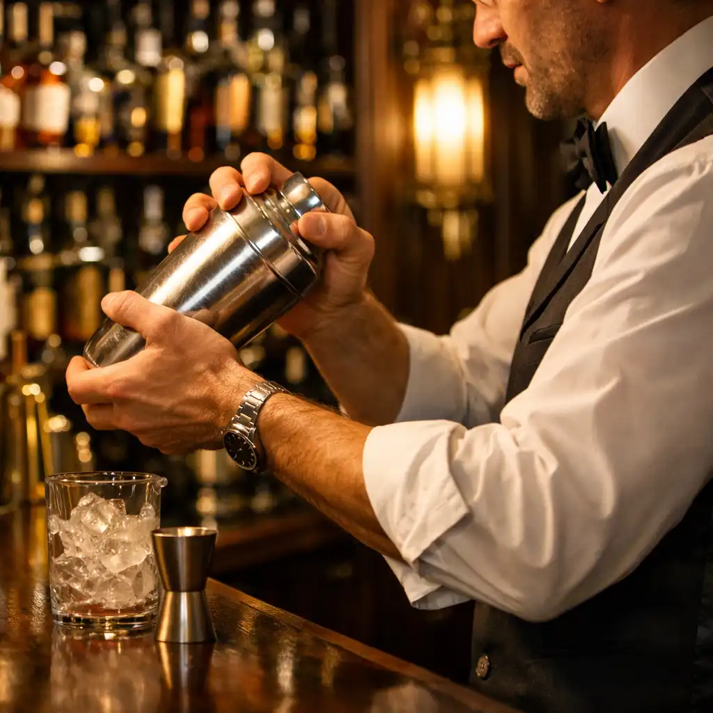 Barman przygotowuje koktajl za barem z ciemnego drewna, w tle półki z butelkami i mosiężne akcenty