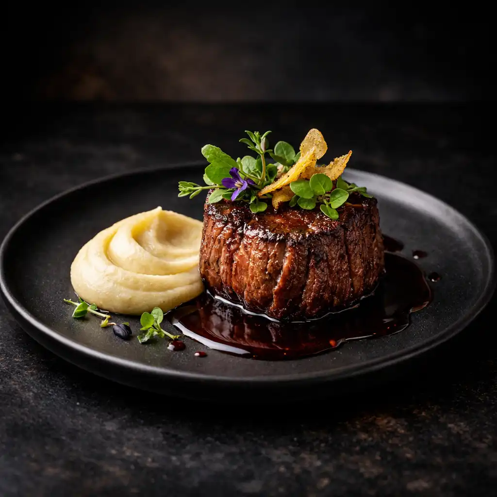 Eleganckie danie fine dining – polędwica wołowa z sosem, puree z selera i dekoracją z ziół na ciemnej porcelanie