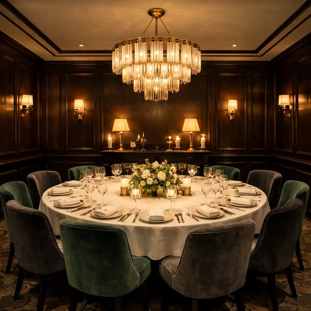 Prywatna sala restauracyjna z okrągłym stołem nakrytym dla 12 osób, aksamitnymi krzesłami i żyrandolem Art Deco
