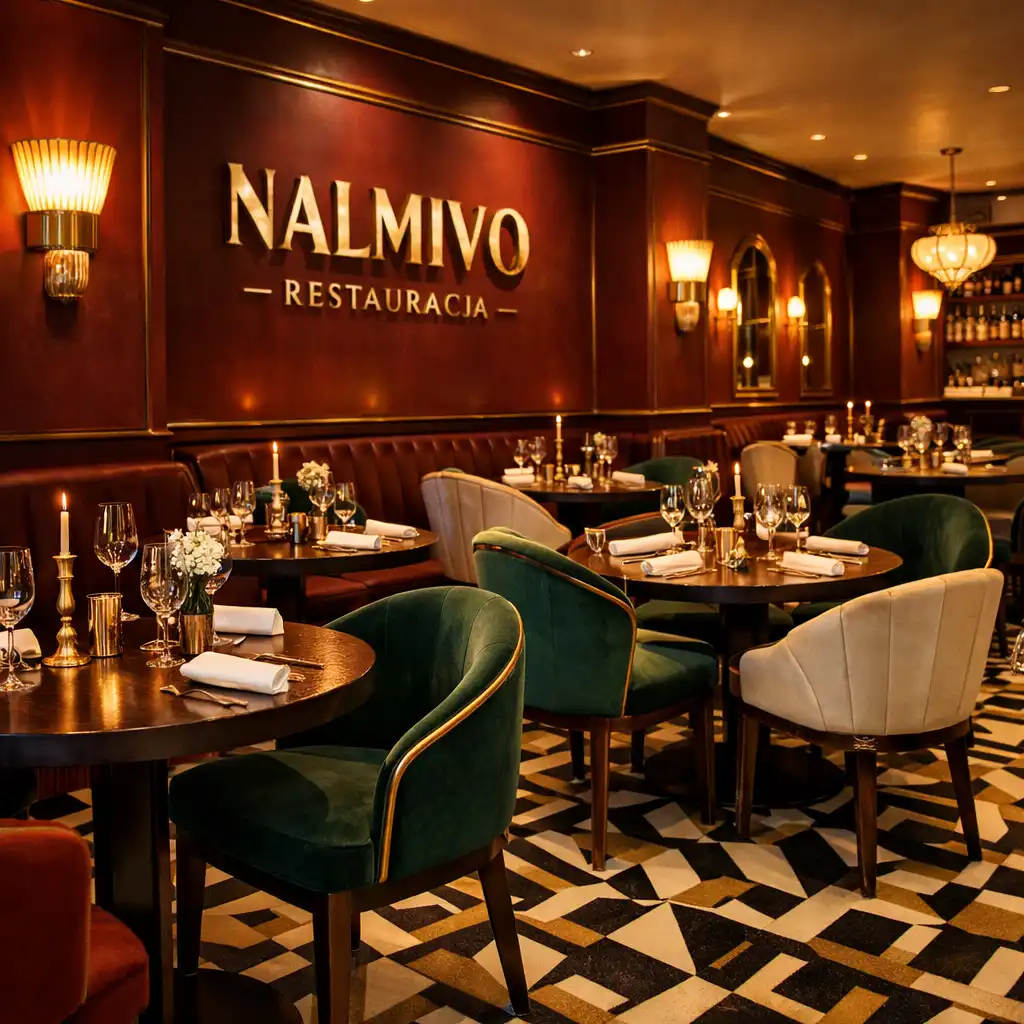 Wnętrze restauracji NALMIVO z eleganckimi stołami i krzesłami w stylu Art Deco