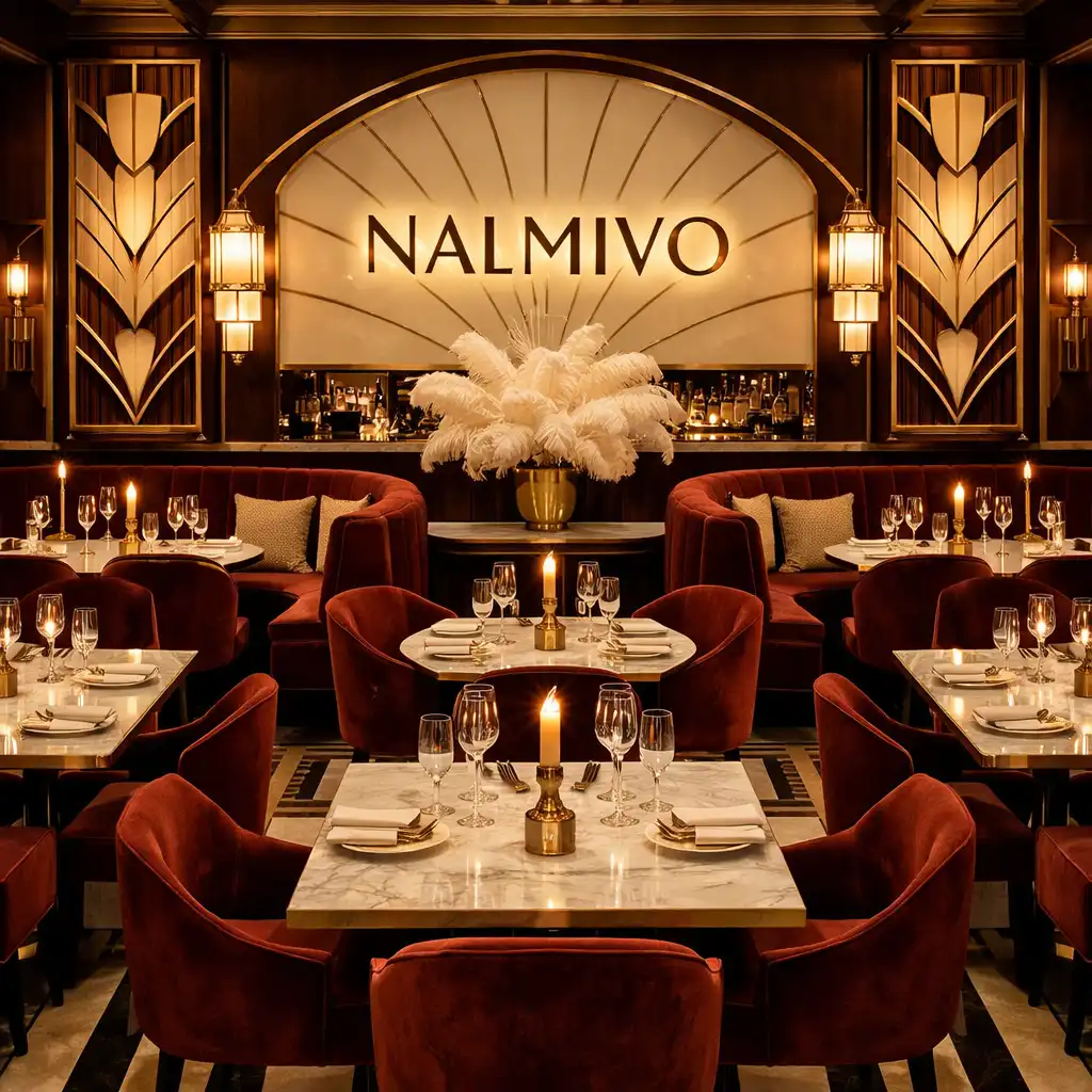 Wnętrze restauracji NALMIVO w stylu Art Deco z aksamitnymi krzesłami, marmurowymi blatami i mosiężnymi detalami